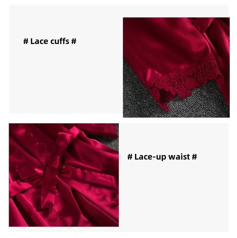 Lace Satin Women's Sleepwear Set Silk V-neck Nightgown 5 Piece_voghion.com