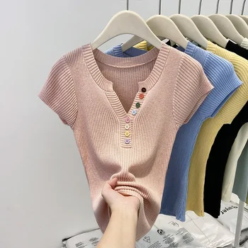 Summer V-Neck Short Sleeve Thin Tshirts Women Pastel Colored Button Knitted T-Shirts Teen-girl Stretch Fitted Tees Y2K Clothing 1