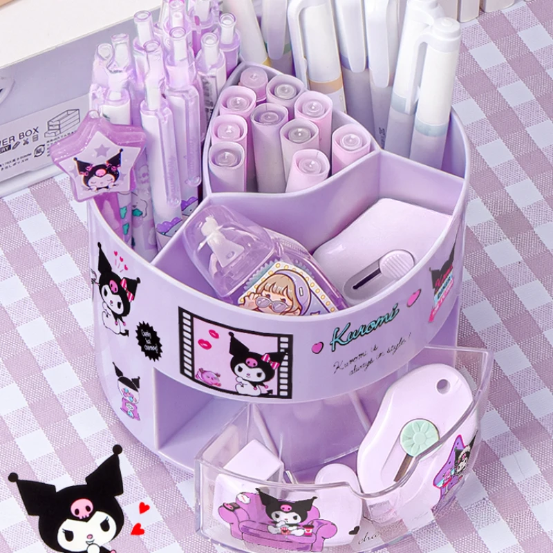 MINISO Kawaii Kurome 360&deg; Rotating Pen Holder Organizer Kuromi Melody Desktop Stationery Storage Box Large Capacity Cute Girl pen holder