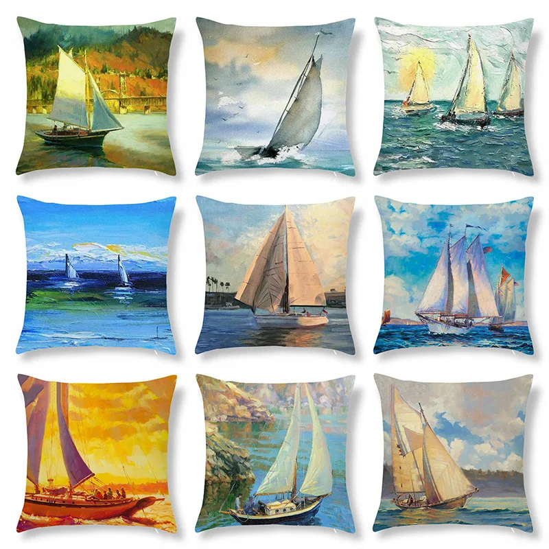 

45X45CM Peach Skin Velvet Pillowcase Oil Painting Marine Sail Printing Car Living Room Sofa Pillowcase Wholesale