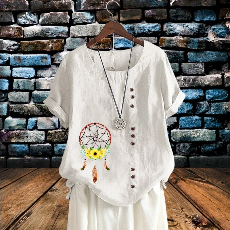 

New Women's Fashion Dream Catcher Pattern Print Linen Shirts Round Neck Short Sleeves T Shirts Summer Casual Plus Size Tops