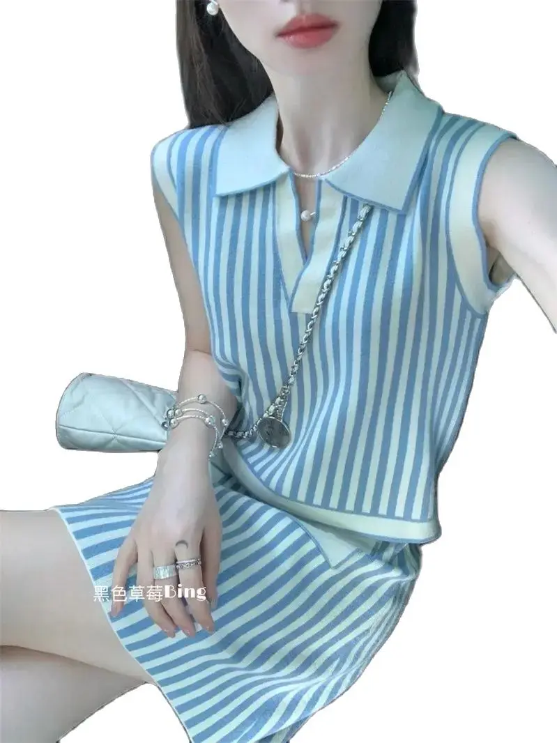 Korea Suit Women'S Summer Blue And White Striped Knitted Sleeveless Vest High Waisted Mini Skirt Two-Piece Set 2024 New