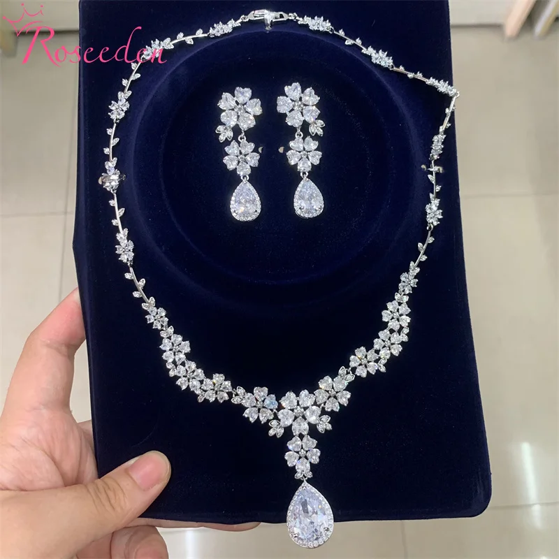 

Bridesmaid Jewelry Gift Women Full Cubic Zircon Elegant Teardrop Necklace Earrings Set RE6049