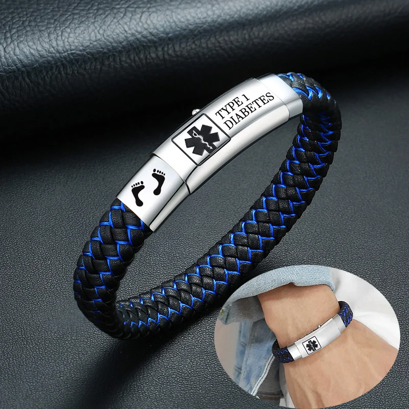 Free Engraving Medical Alert ID Bracelets,Men Stainless Steel Type 1 Diabetes Leather Braided Wristband Adjustable Male Jewelry