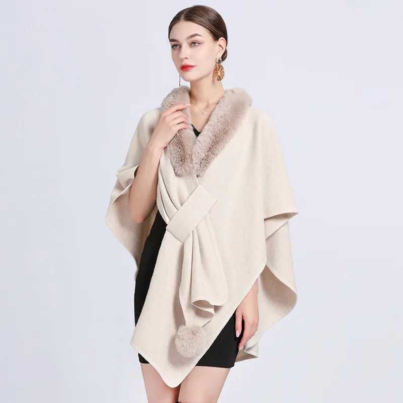 Autumn Winter New Imitation Otter Rabbit Fur Collar Cape Large Knitted Cardigan Coat Ponchos Women Capes Beige Cloak