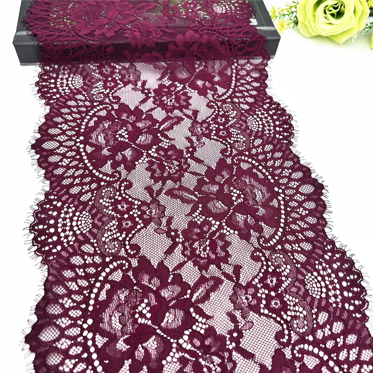 3y/lot Width 22.50cm Quality Burgundy Eyelash Elastic Lace Trim For Dress Sleeve 1