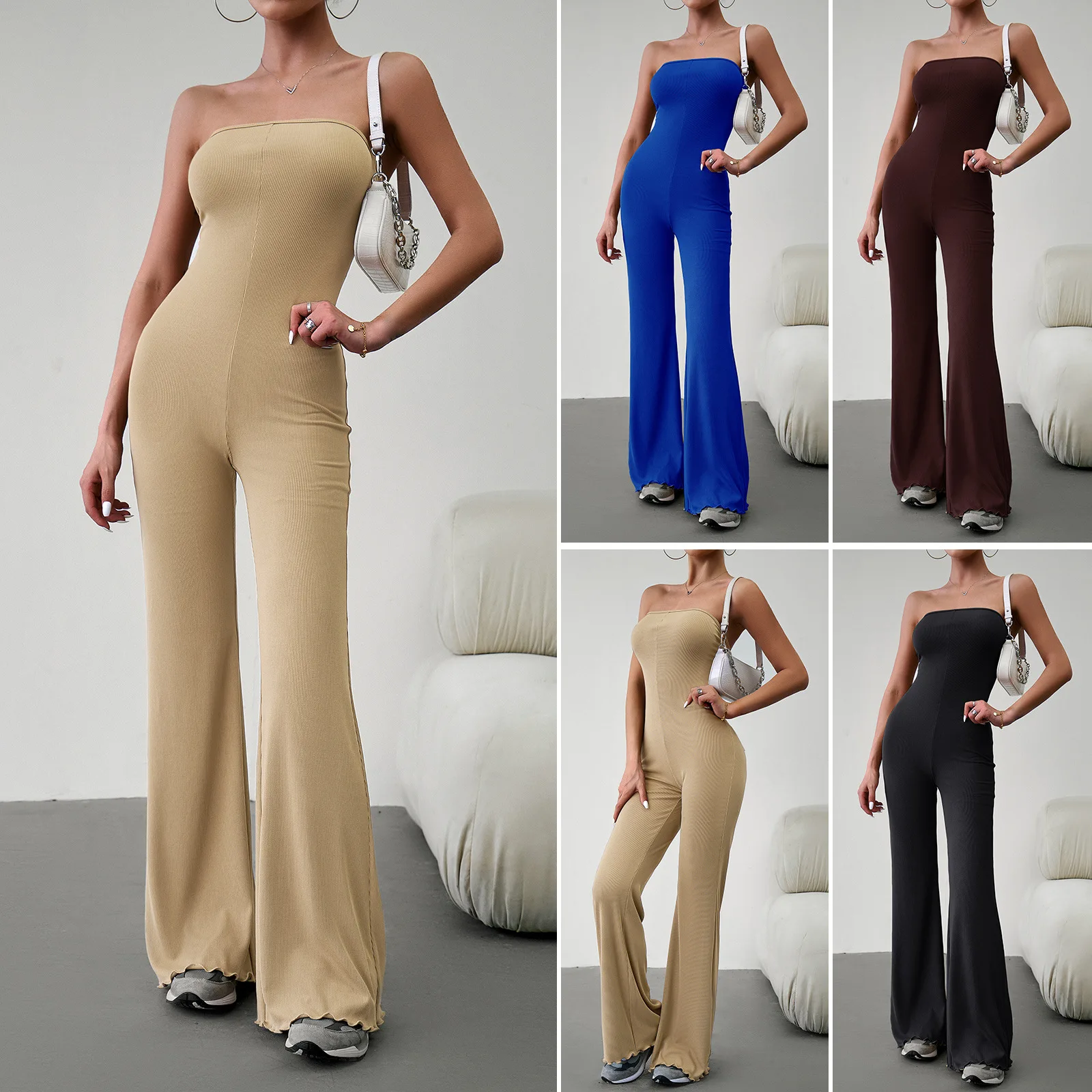 High Quality Women's Clothing Autumn Winter 2024 Elegant Slim Fitting Sexy Strapless Jumpsuit with Waistband Open Back Pants Y2k