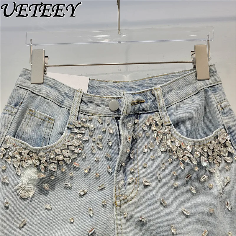 Ripped Denim Shorts for Women Trendy 2024 New Summer High Waist Slimming Exquisite Rhinestone Raw Hem Wide Legs Denim Hot Pants