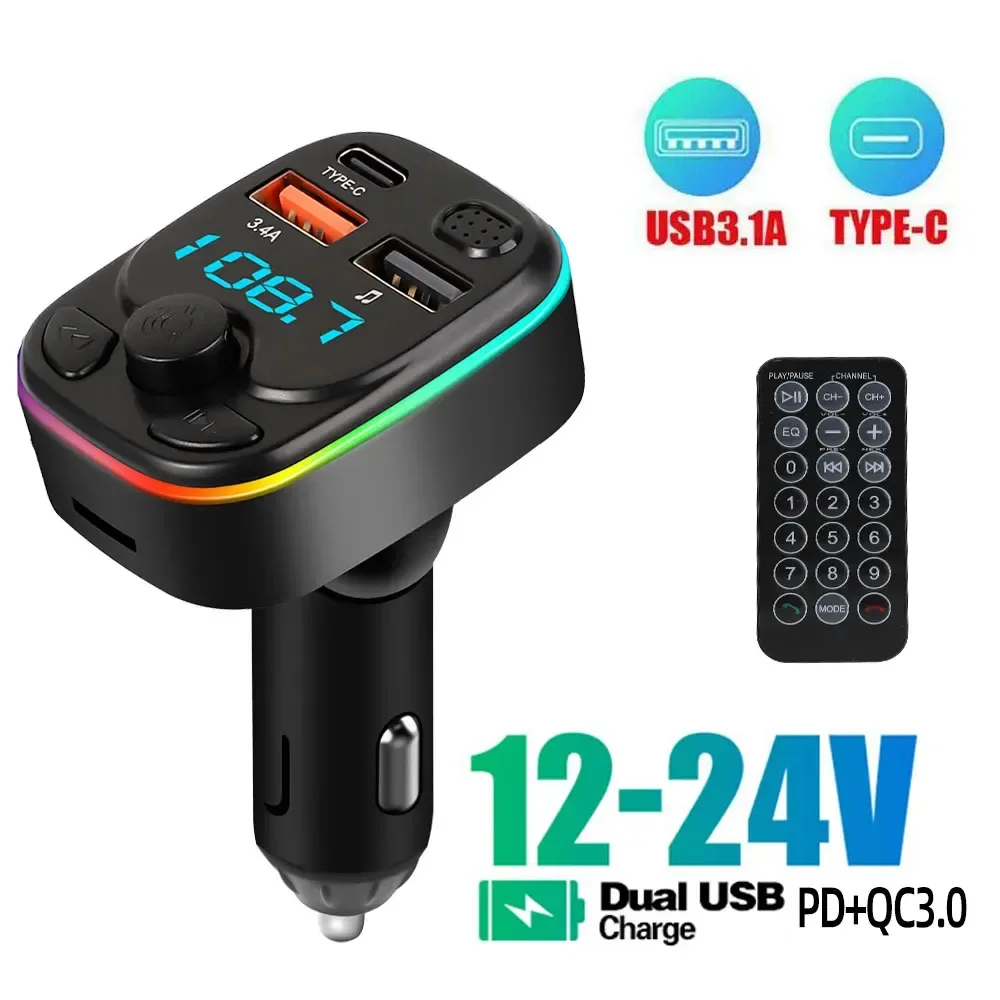 

Car Charger Car Bluetooth FM Transmitter PD + Dual USB 3.1A Fast Charger Colorful Ambient Light Hands-Free MP3 Modulator Player