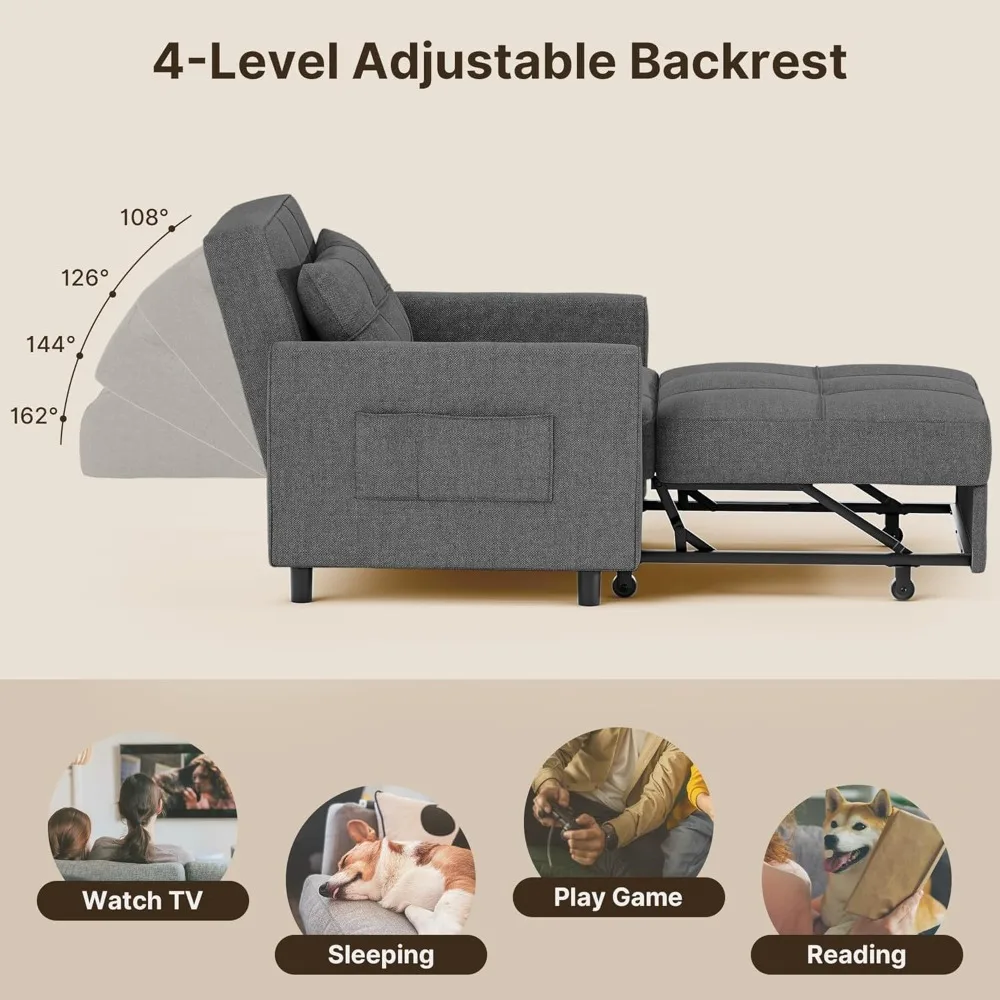 Convertible 3-in-1 Sofa Bed Chair, Pullout Single Sleeper with Adjustable Backrest, Spacious Multifunctional Furniture for Comfo
