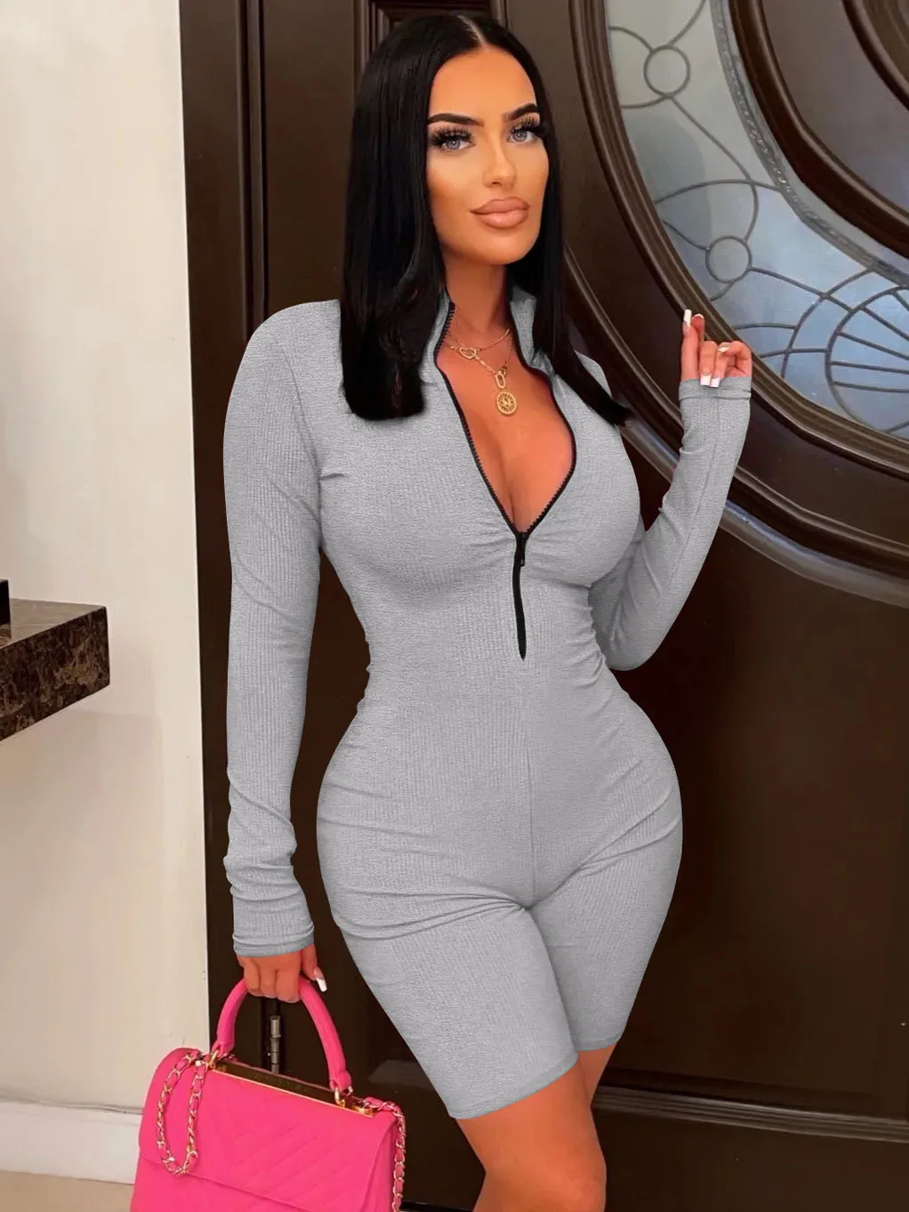 

Szkzk Sexy Zip Up Bodycon Playsuits Women Tight Jumpsuit Long Sleeve Clubwear Romper Party Evening Night Club Jumpsuits Shorts