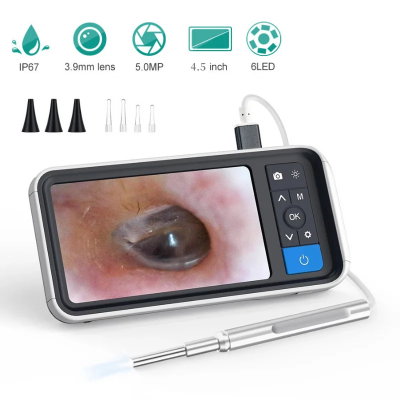 Digital Otoscope with 4.5 Inches Screen, Anykit 3.9mm Ear Camera with 6 LED  Lights, 32GB Card, Ear Wax Removal Tool, Specula and 2500 mAh Rechargeable  Battery, Supports Photo Snap and Video Recording