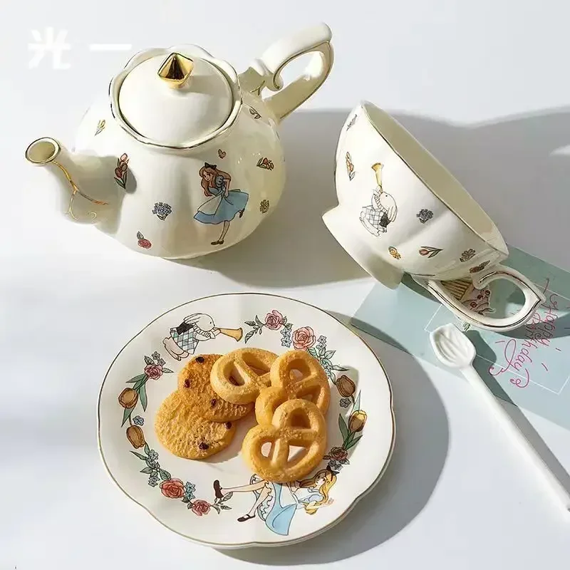 Vintage Alice in Wonderland Tea Set with Heart-Shaped Teapot Cups and Saucers Hand-Painted Alice in Wonderland Teapot teapot cup set