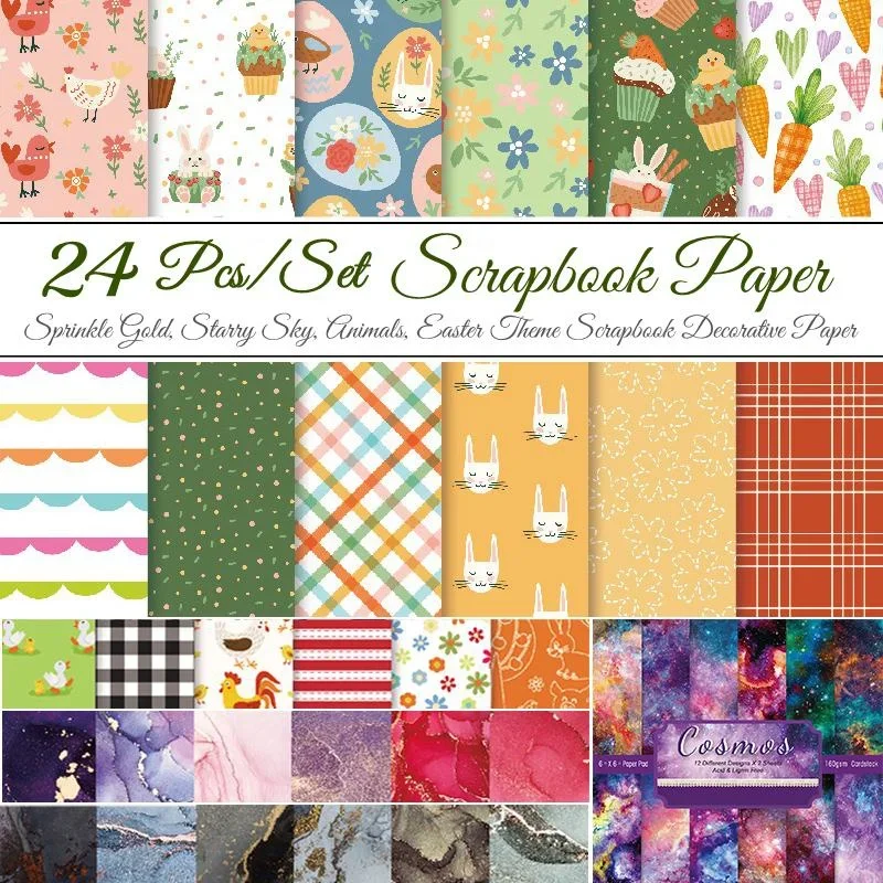 9 Types 24 Sheets Starry Sky Animals Easter Theme Scrapbooking Background Paper Pads Vintage Junk Journal Paper Pack Art Crafts