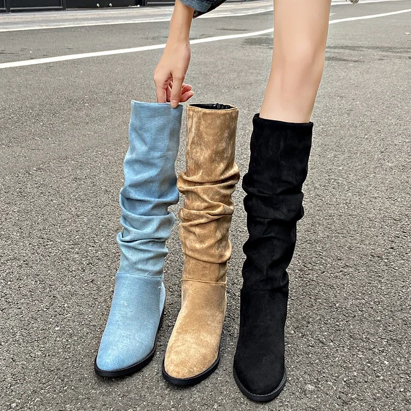

Ladies Western Boots 2023 New Platform Women's Knee High Boots Fashion Outdoor Casual Blue Cowboy Long Boots Botas De Mujer