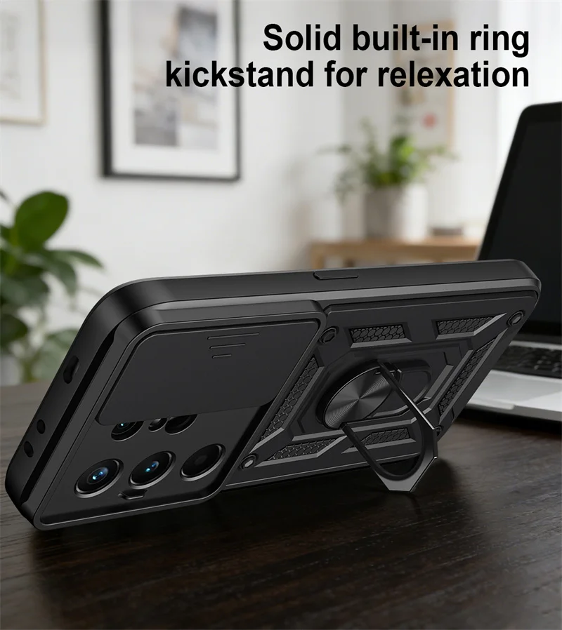 Slide Camera Lens Protection Phone Case with Ultra Ring Stand Hybrid Shockproof Cover