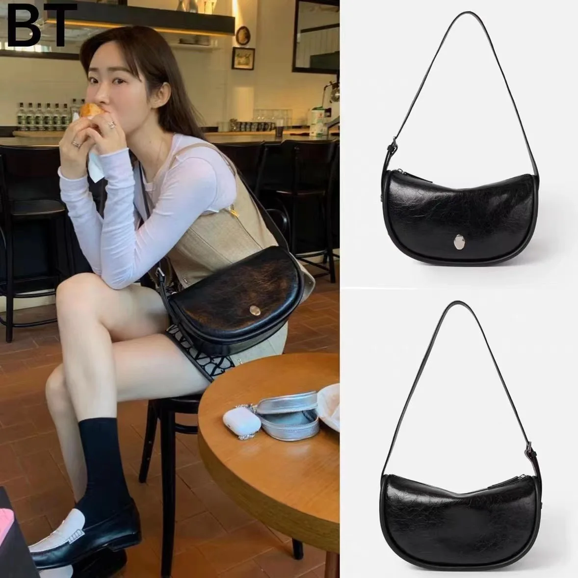 Korean Style Minimalist Waxed Leather Shoulder Bag Crossbody Bag for Women