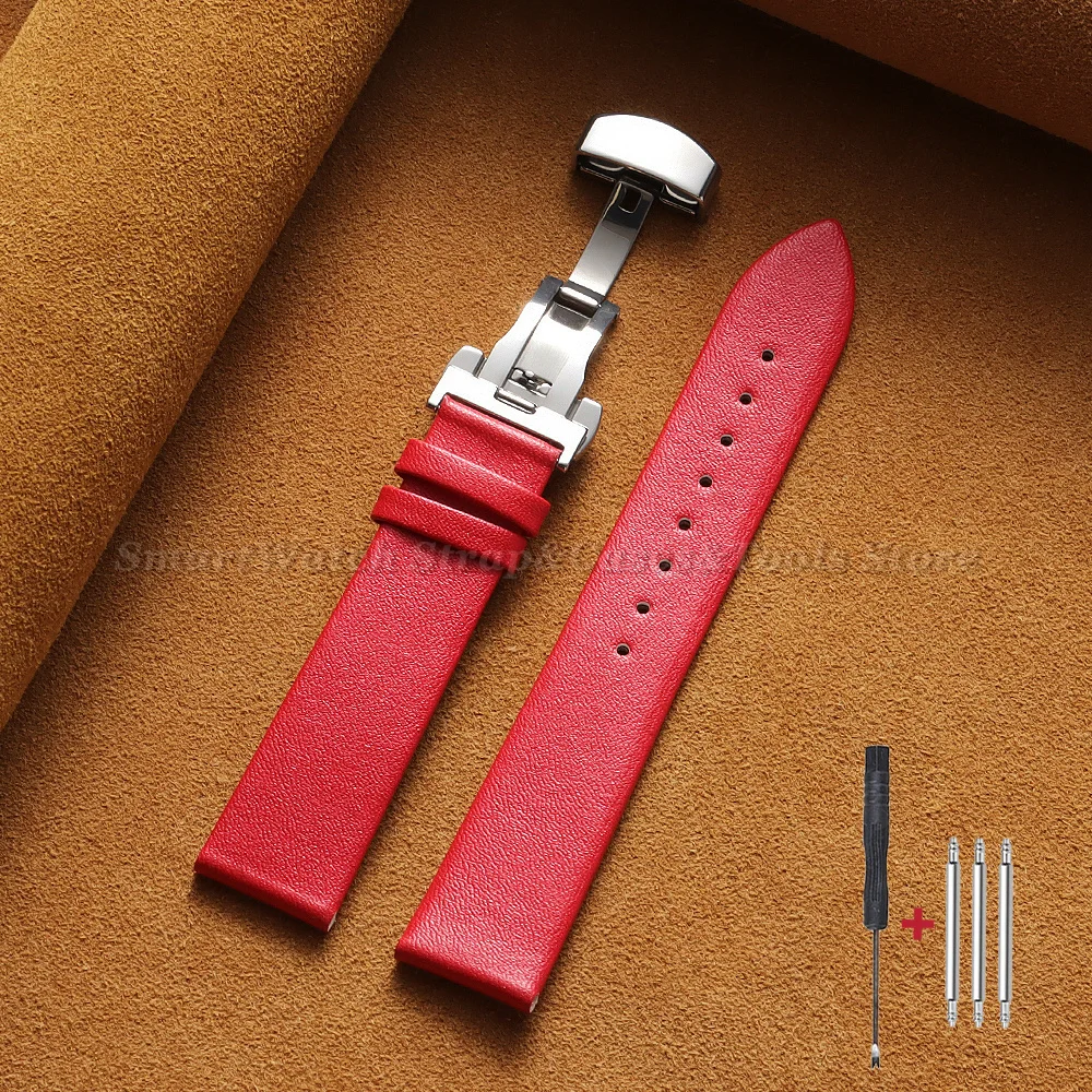 Premium Ultra-Thin Genuine Leather Watch Strap with Soft Cowhide Band and Butterfly Clasp