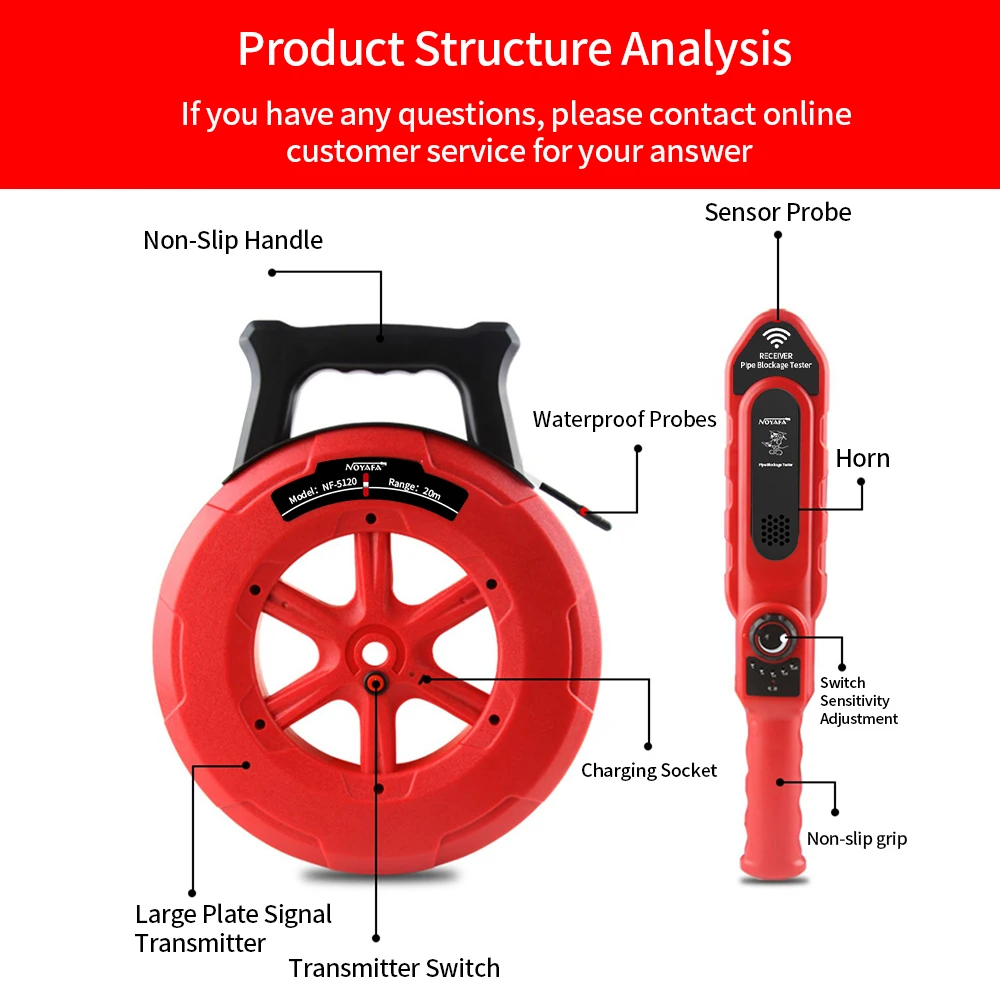 Noyafa Pip PVC Iron Pipe Blockage Detector NF-5120/30/40 Diagnostic-Tool Scanner Pipeline Blocking Clogging Plumbers Instrument 6