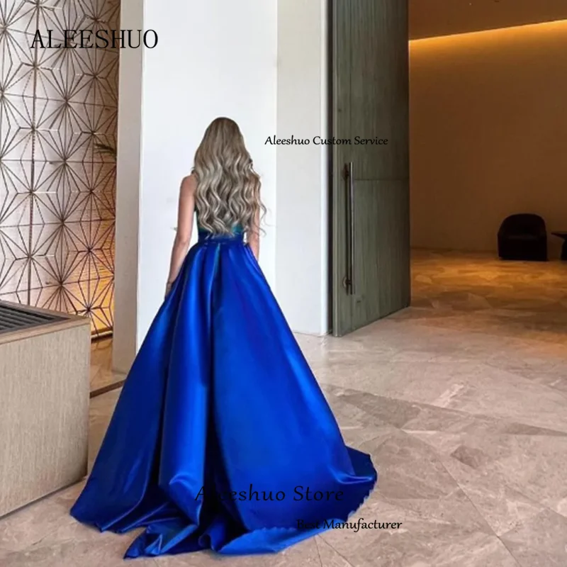 Aleeshuo-azul sereia cetim vestido de baile, sem mangas vestido de festa, comprimento do tornozelo, para as mulheres, 2024