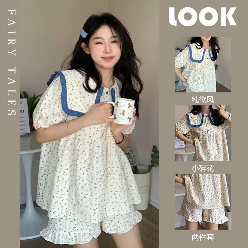 Sweet Y2k Babydoll Collar Women Summer Sleepwear Short Sleeve Tops Shorts Two-piece Set Pajama Sets Kawaii Nightwear Loungewear