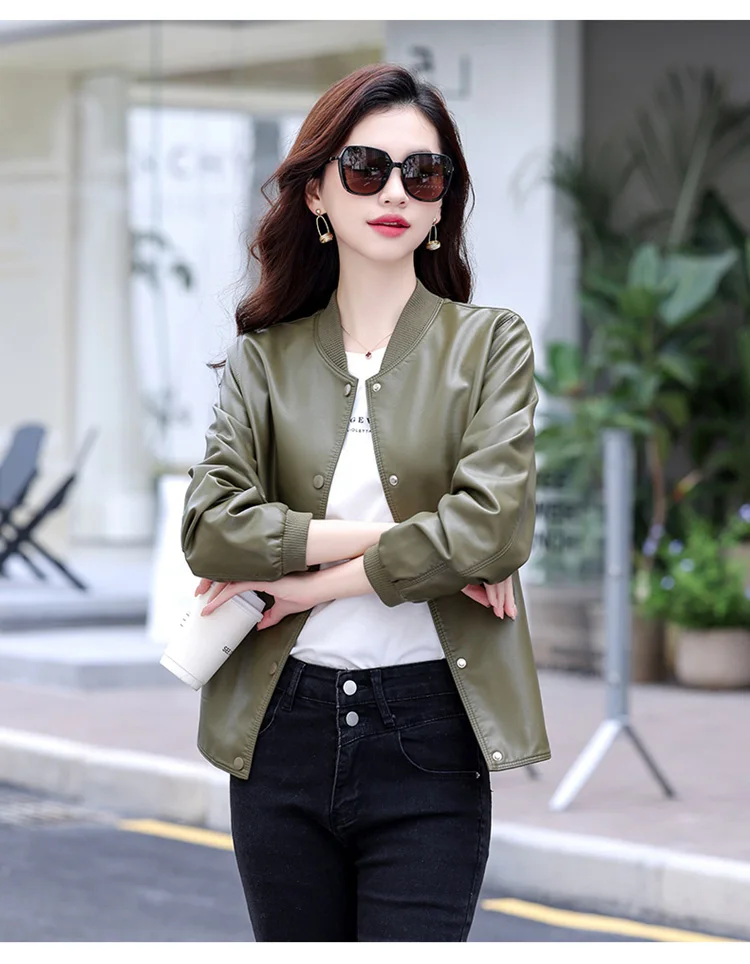 New Women Casual Leather Jacket Spring Autumn Fashion Patchwork V-Neck Single Breasted Loose Short Outerwear Split Leather