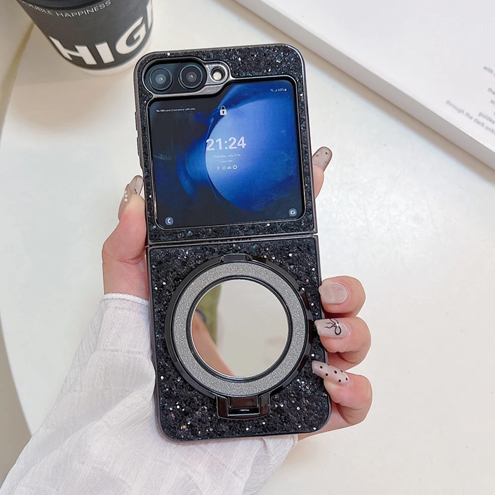 Luxury Glitter Sequins Bling Magnetic Stand Phone Case with Make-up Mirror and Folding Bracket Cover
