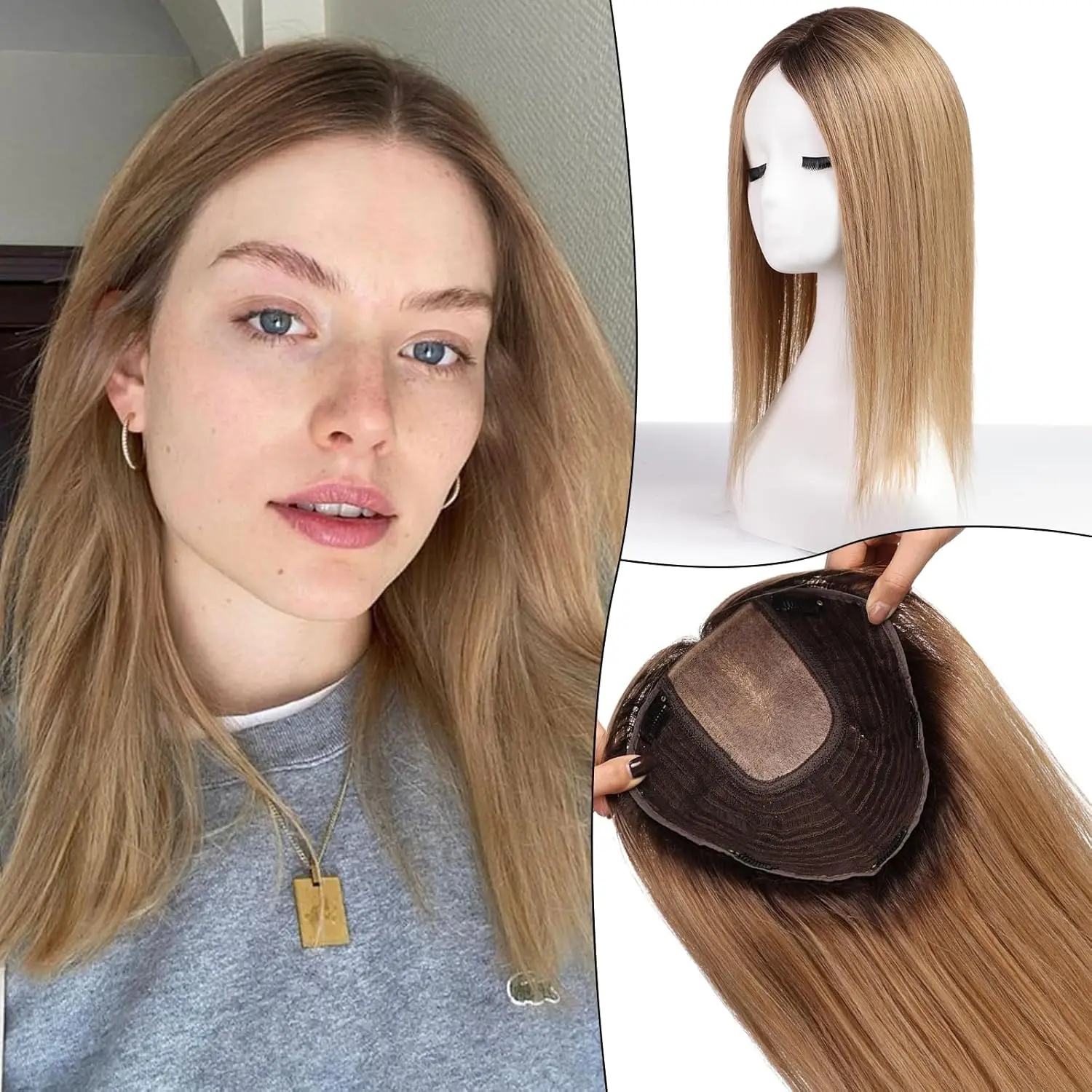 16 inch Human Hair Topper for Women 9x9inch Large Base Hair Pieces Ash Brown Ombre Human Toppers with Multiple Non-slip Clips