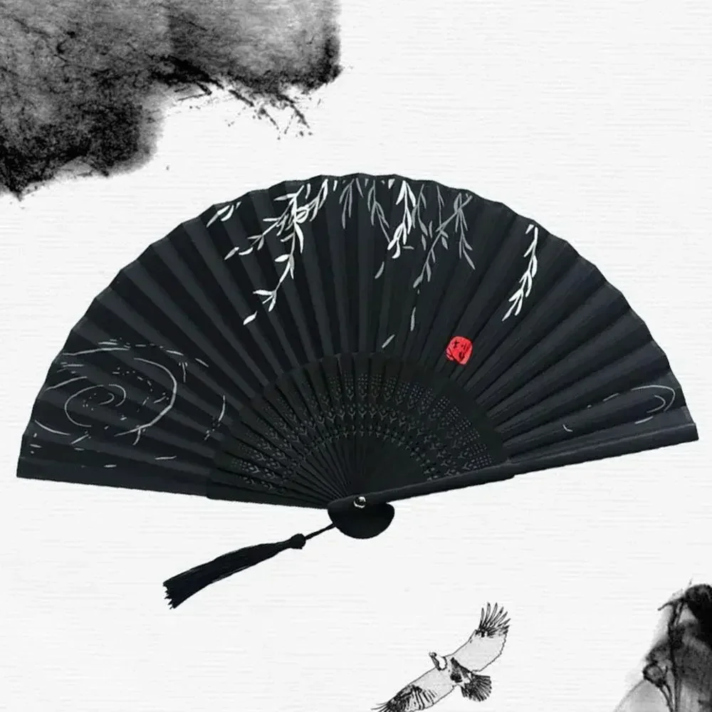 Elegant Silk Vintage Folding Fan with Colorful Tassel - Bamboo Hand Fan for Classical Dance and Home Decor