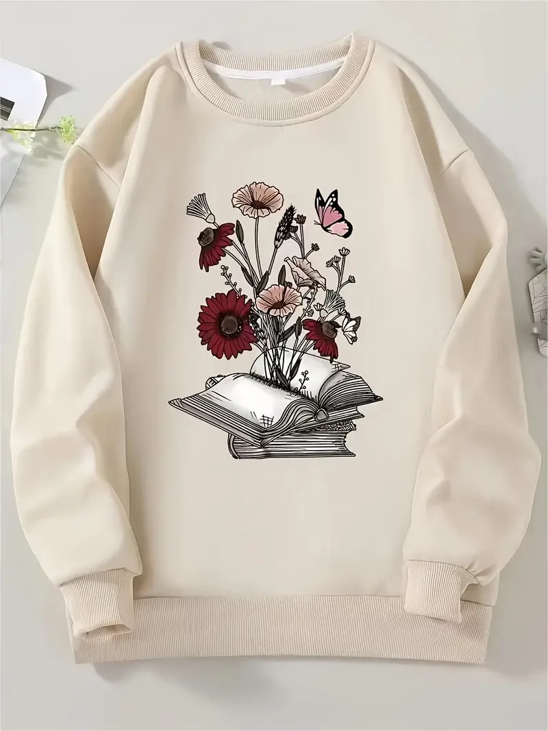 

Fashion Flower & Book Print T-Shirt Trend Autumn New Casual Korean Version Loose Sweatshirt Versatile Women's Clothing