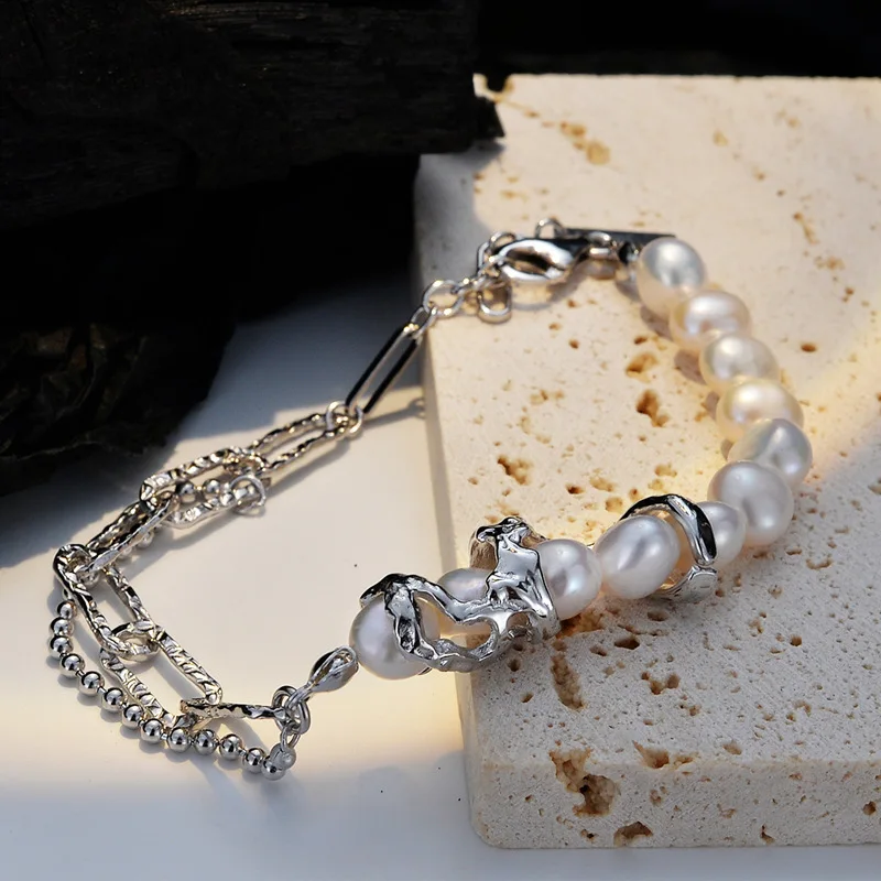 

Real 925 Sterling Silver Real Freshwater Pearl Layered Chain Necklace S925 Women Jewelry Punk Party Designer Cocktail Ins