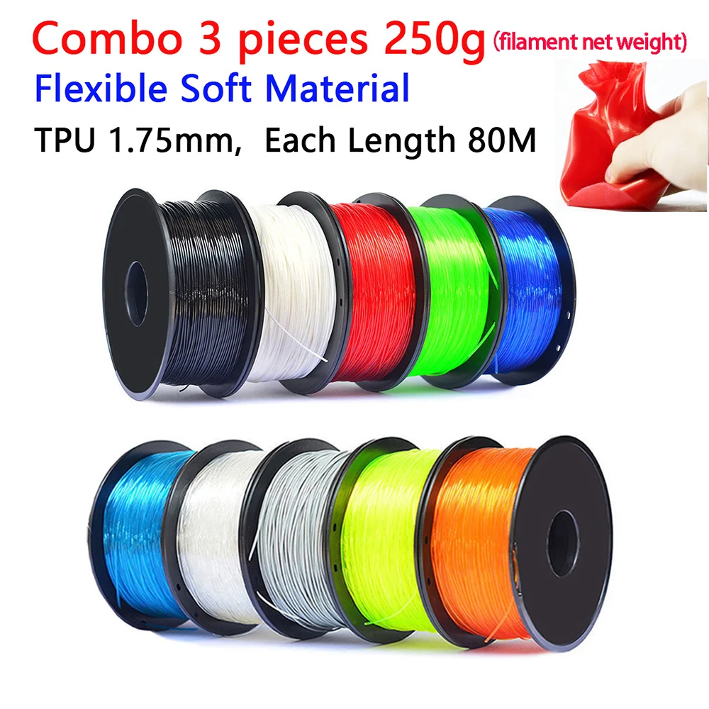 EasyThreed TPU 유연한 필라멘트 콤보, 소프트 3D 인쇄 재료, 3 개, 250g, 250g 길이, 80M, 1.75mm