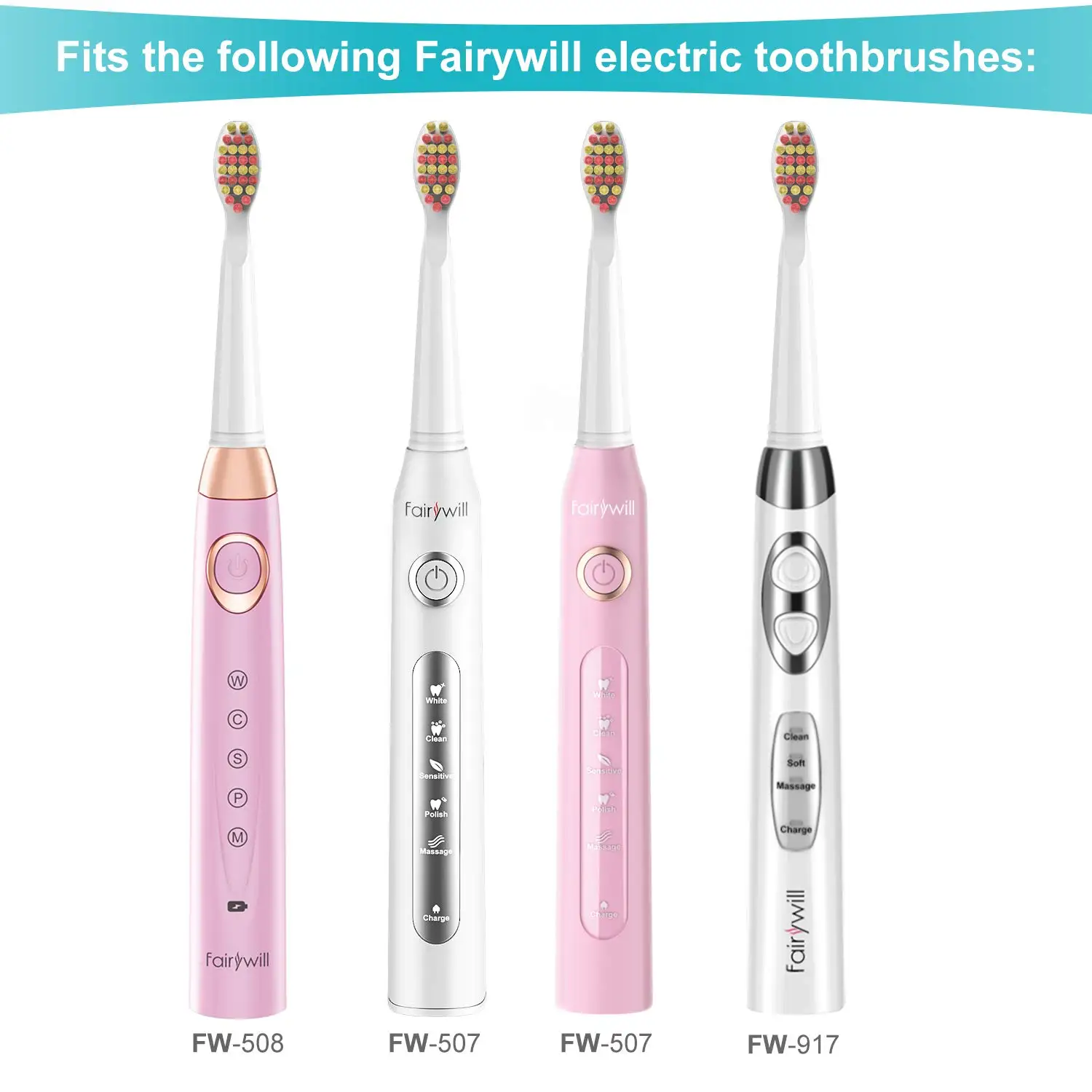 Fairywill 전동 칫솔 교체 헤드 전동 칫솔 FW-04 헤드 칫솔용 4개 헤드 세트