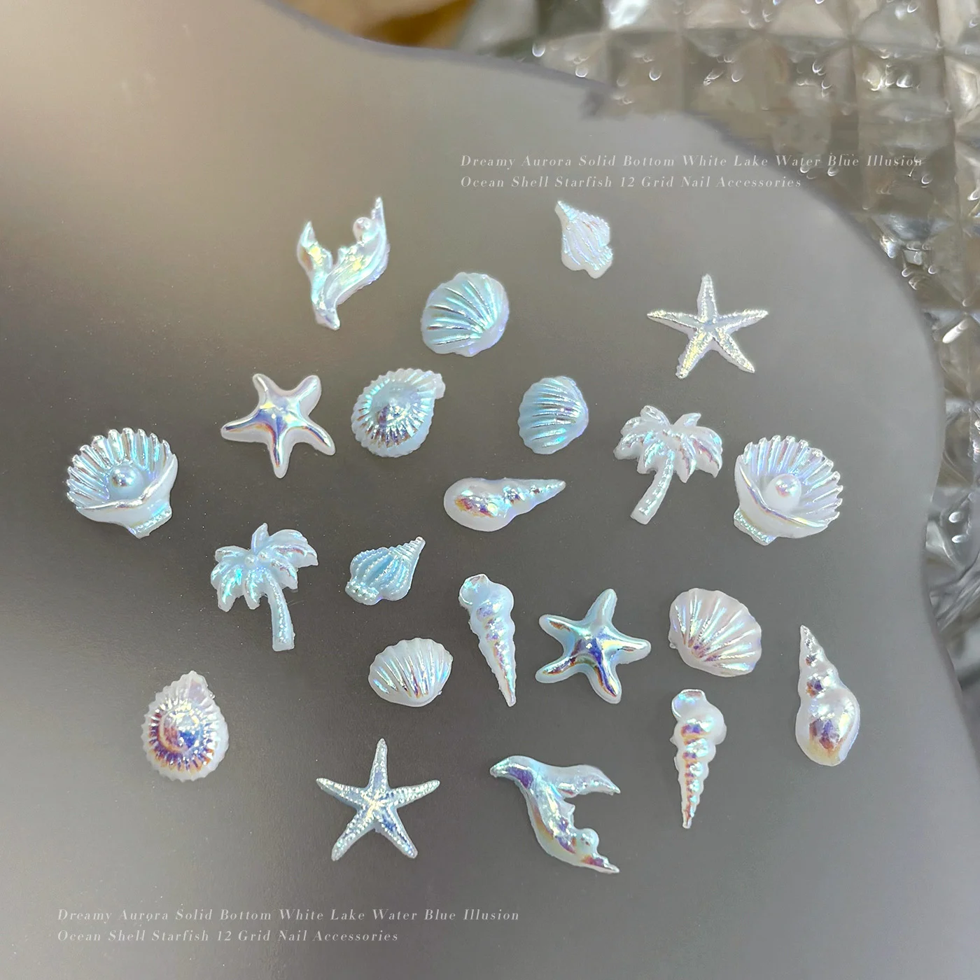 60 Stück 3D Muschel-/Seestern-/Fischschwanz-/Schnecken-/Kokosnussbaum-Nagelanhänger, 12 Fächer, niedliche Sommer-Ozean-Strand-Nagelanhänger, Harz-Nagelzubehör – Detail 9