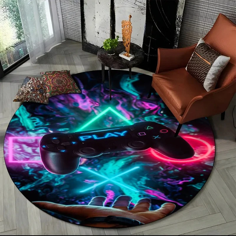 Game Controller Round Area Rug Cartoon Gamer Circle Carpet Rug Living Room Children's Bedroom Sofa Decor Non-slip Floor Mat