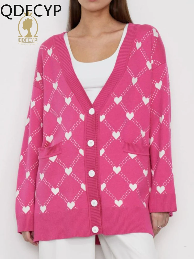 

New Autumn Winter Women's Cardigan Casual Loose Hearsshape Print V-neck Jacket Coat Sweetheart Knitted Cardigan Sweaters 2023