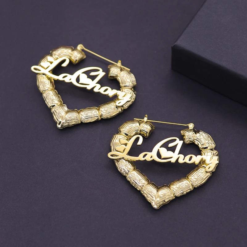 

Bellona Customized titanium steel name bamboo earrings round heart-shaped large earrings exaggerated hip-hop style earrings