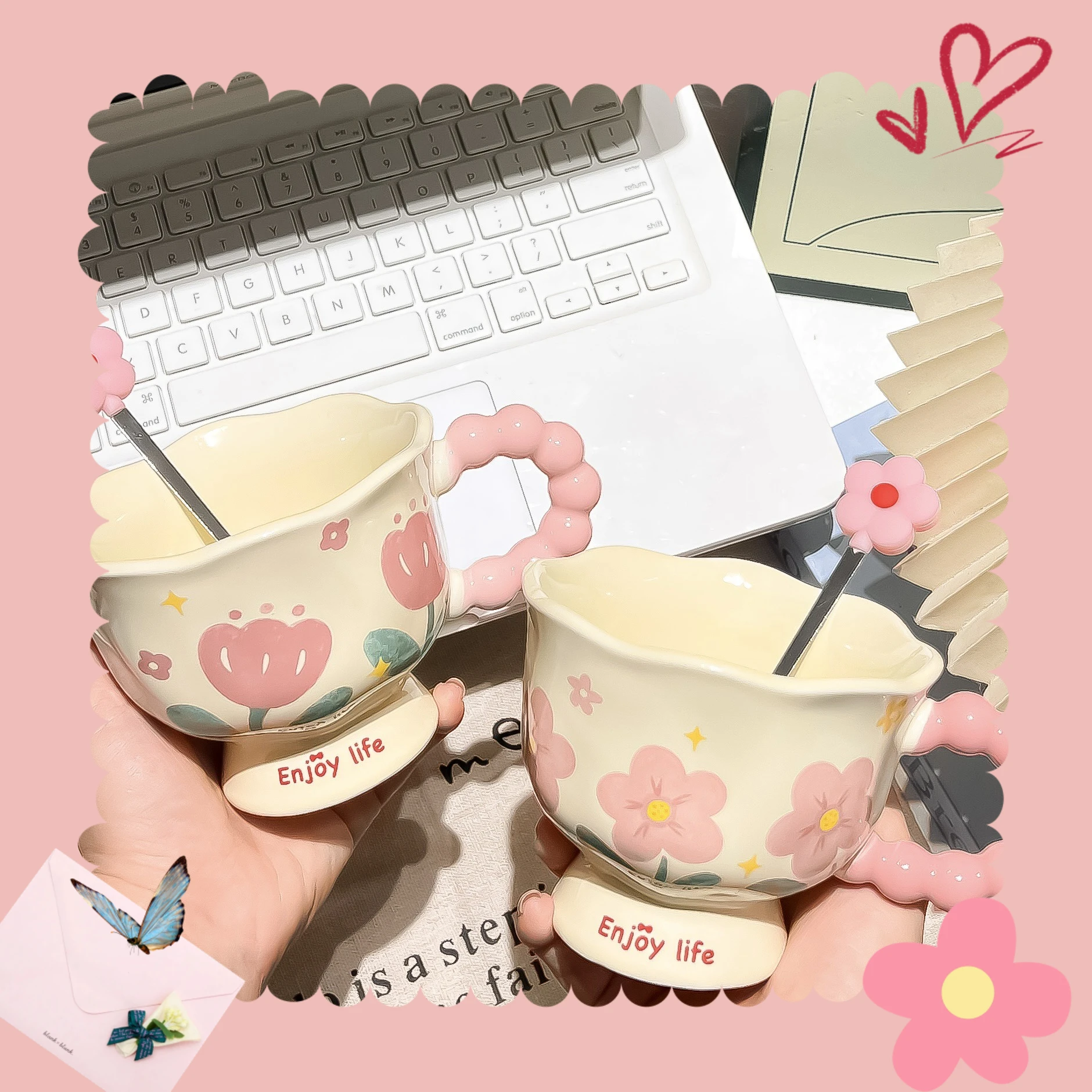 Flower Design Ceramic Coffee Mug with Spoon - أكوا...