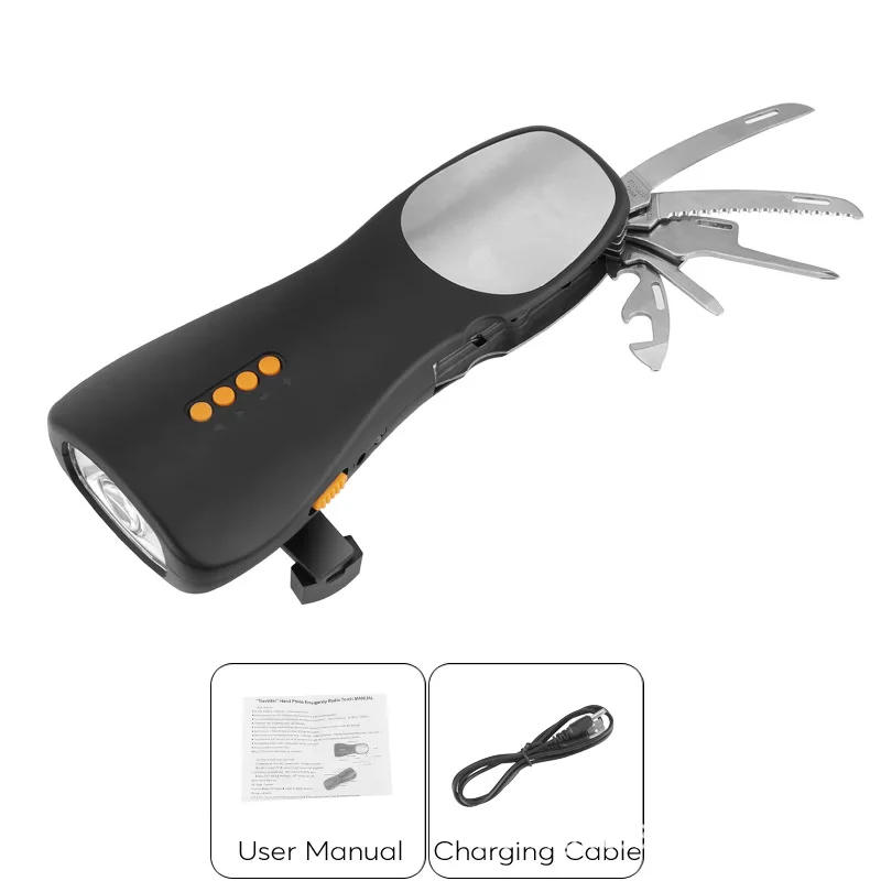 

FM Radio with hand power generator led flashlight rechargeable emergency survival multifunctional knife tool for outdoor camping
