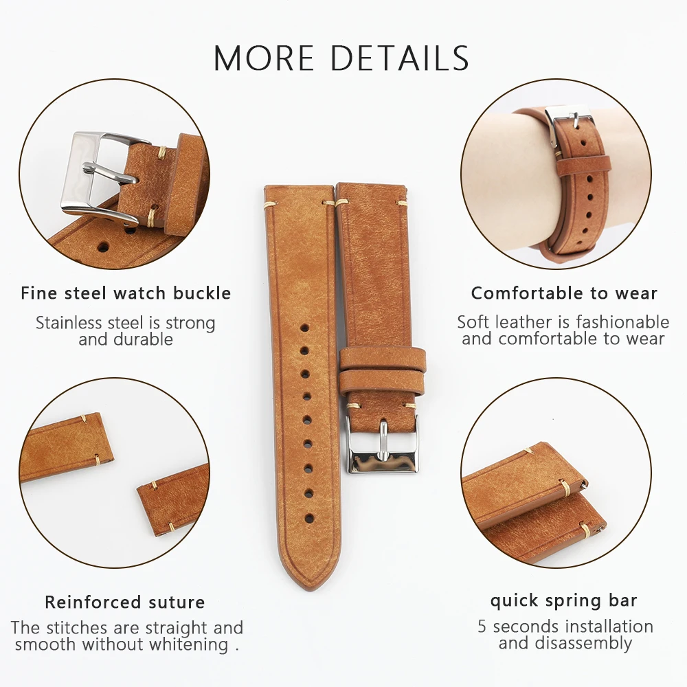 18mm 19mm 20mm  21mm 22mm Watchband for Women Men Handmade Genuine Leather Wristband First Layer Cow Leather Watch Strap