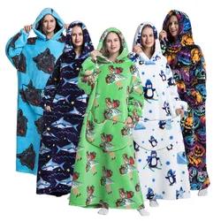 Wearable Blanket Hoodies Winter Home Wear Thick Loungewear Plush Flannel Pajamas For Adult