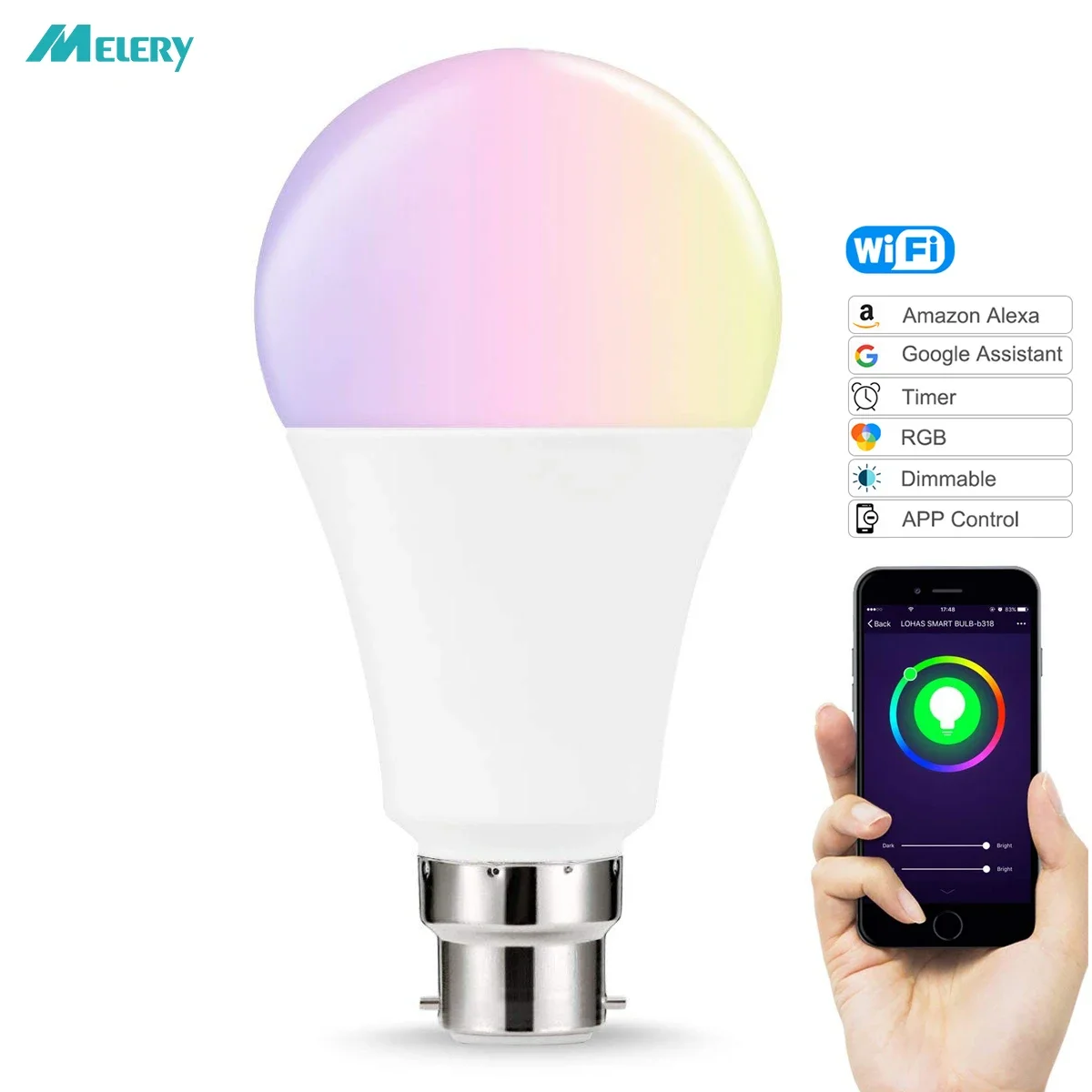 

WiFi Smart LED Light Bulb B22 Bayonet 14W RGB Warm Cold White Dimmable Wireless Ball Lamps Remote Control by Alexa Google Home