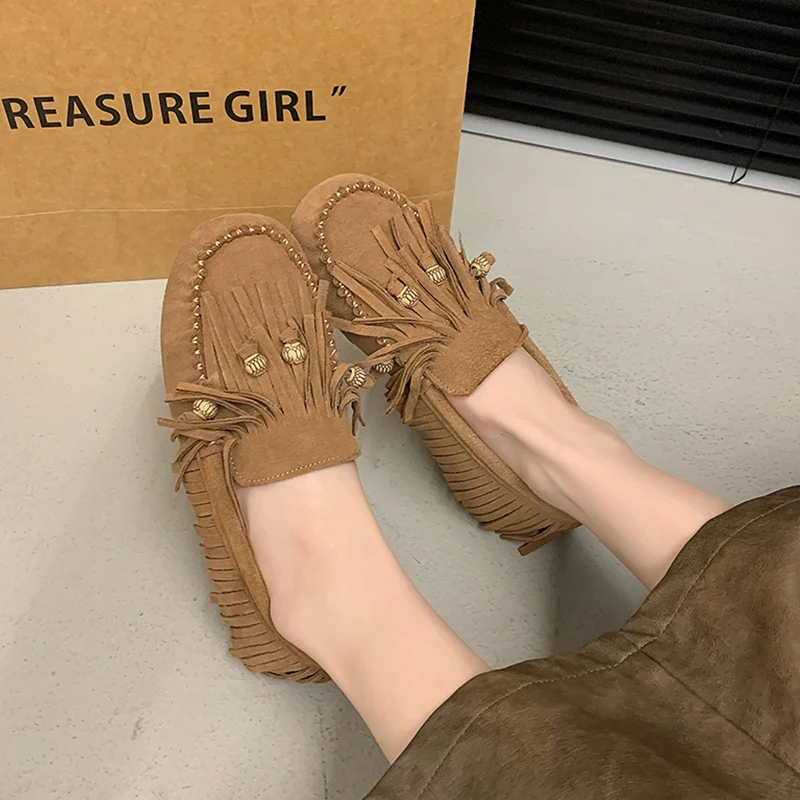 Casual Woman Shoe Fringe Female Footwear Autumn Soft Loafers With Fur Slip-on Tassel Dress Summer Fall New Slip On Moccasin Floc 3