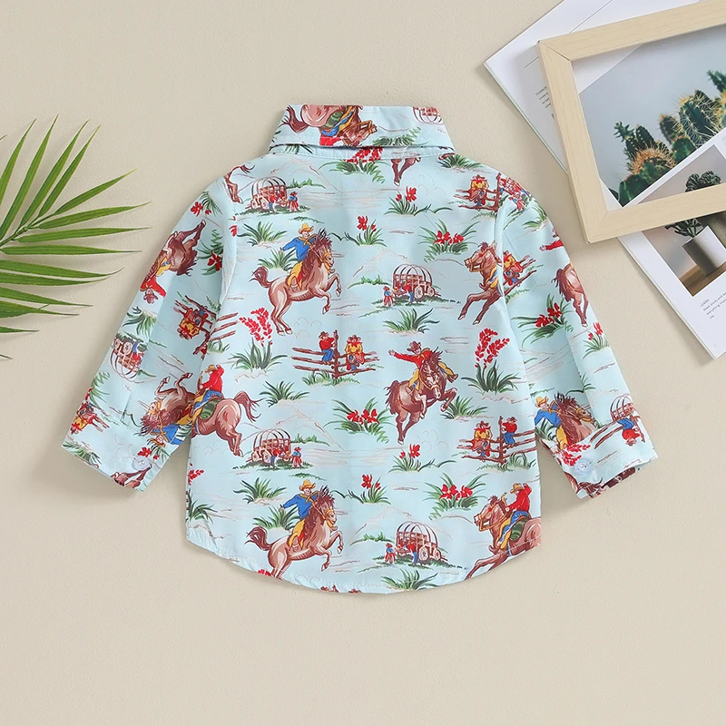 Western Baby Boy Long Sleeve Button Down Shirt Cow Cartoon Print Lapel Neck Country Cowboy Dress Shirt Top Fall Clothes