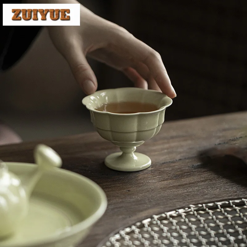 90ml Handmade Reed Green Master Cup Boutique Flower Mouth Teacup Retro High-feet Meditation Cup Chazhan Chinese Tea Set Crafts