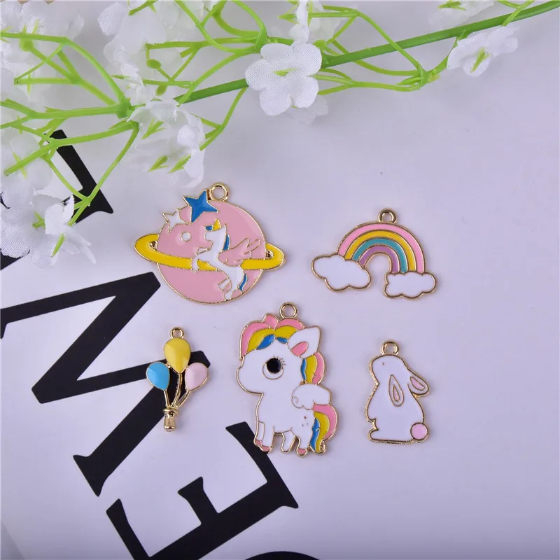 

10pcs/pack Unicorn Rainbow Rabbit Golden Color Metal Charms Earring Bracelet DIY Jewelry Making Bulk Wholesale