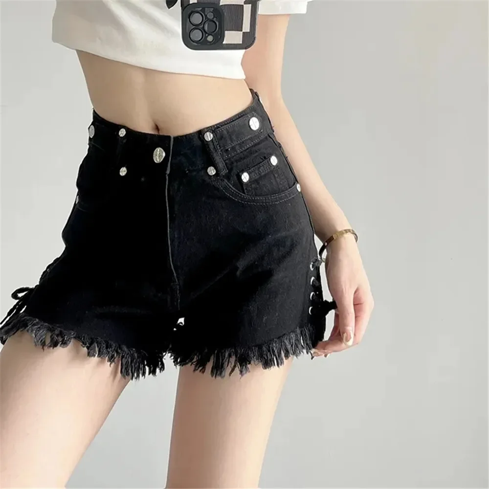Hip Hop Blue Bandage Tassel Trend Shorts Y2k Female Black Fringe Denim Jeans Women Students Sweet Cool Dark Gothic Streetwear