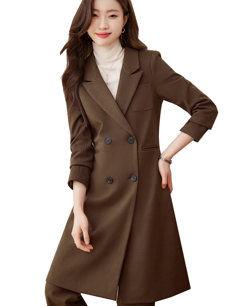 

Autumn Winter Women Work Wear Pant Suit Gray Coffee Long Blazer Set Female Office Ladies Formal Jacket and Trouser 2 Pieces