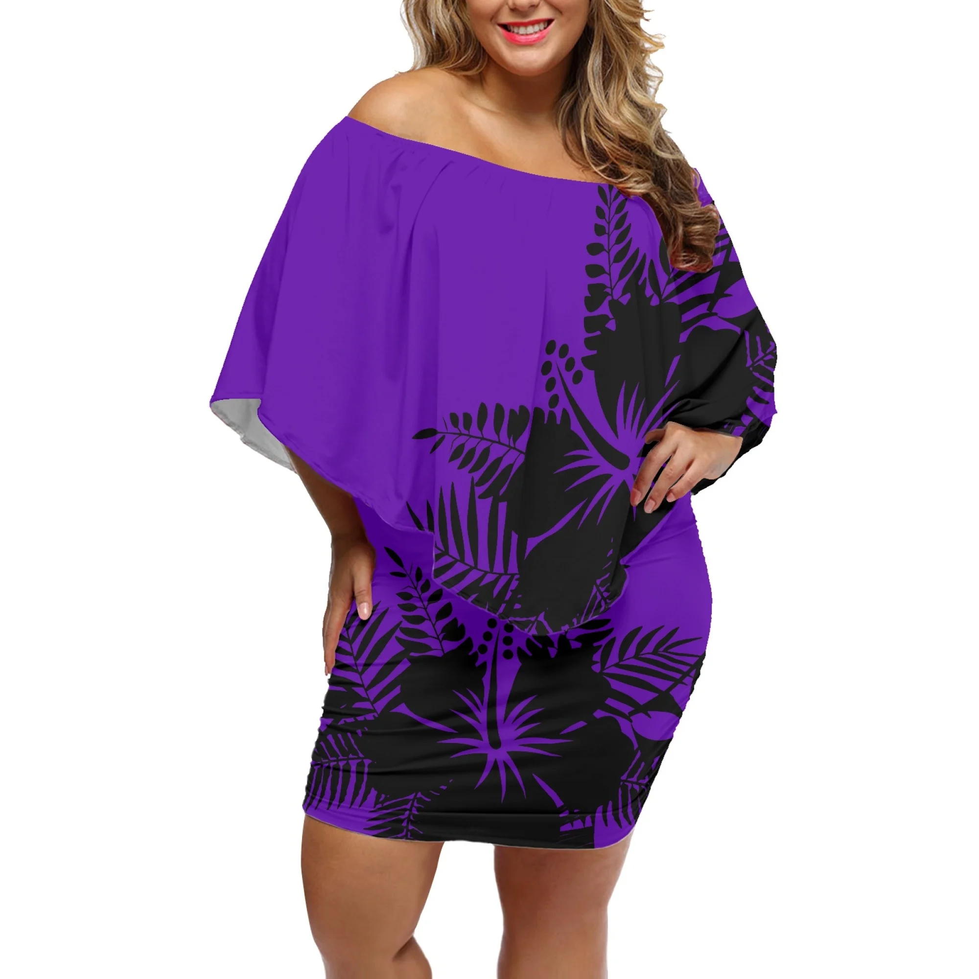 

Hawaiian Polynesian Tribal Print New Peplum Neck Skirt Fashionable Round Neck Short Sleeve Summer Women's Home Club Clothing