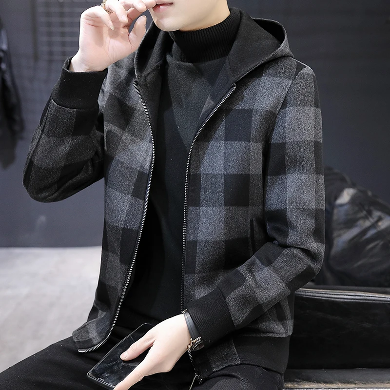 

2022 Autumn Winter Men New Long Sleeve Plaid Wool Blend Coats Men Fashion Woolen Jackets Male Casual Hooded Wool Overcoats N78